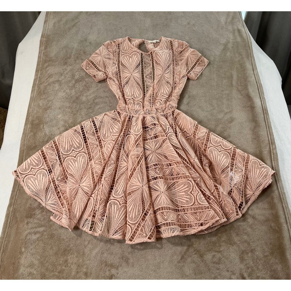 Maje Ripiza Lace Mini Dress Women's 1 Rose Pink Heart Geometric Short Sleeve EUC